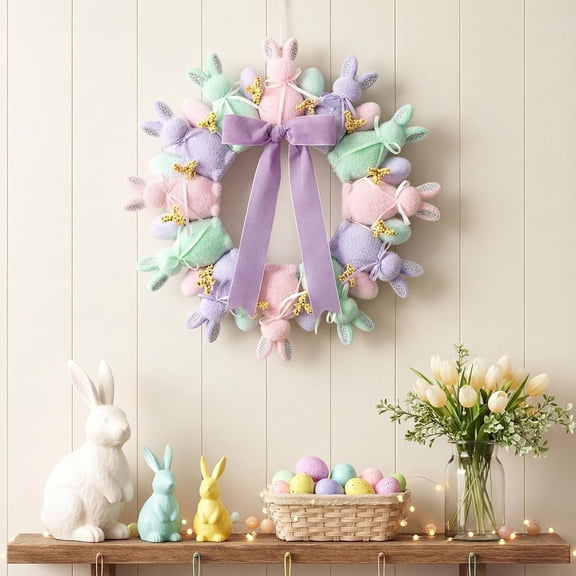 19.6" Easter Flocked Bunny & Egg Wreath Pastel Purple Bow Decor, Colorful Artificial Bunny Door/Window Wall Decor for Spring Holiday Festive Accent
