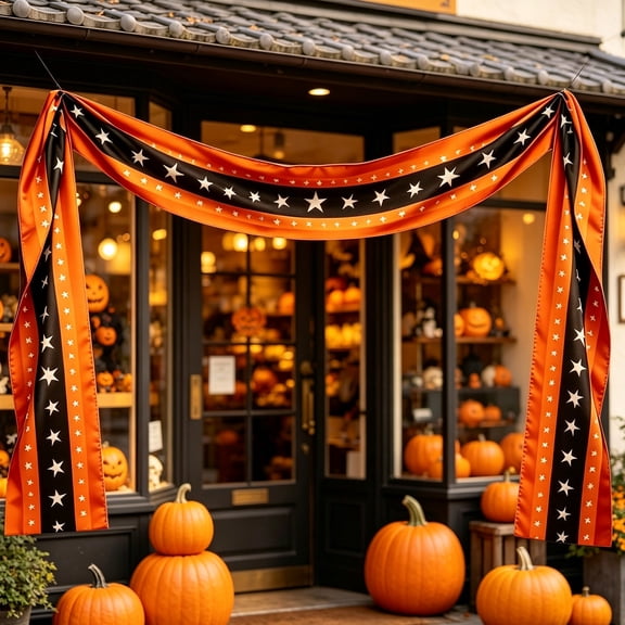 19.6 Ft Halloween Star Hanging Flags, Orange And Black Outdoor Porch Bunting, Weatherproof Courtyard Gate Party Decoration