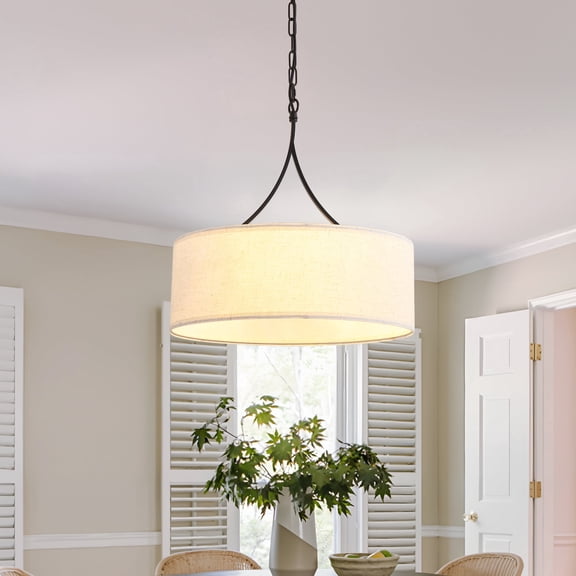 19.6" 3-Light Black Modern Chandelier, Dimmable Fabric Pendant Light with Adjustable Height,Gold Hanging Light for Living Room, Dining Table, Kitchen Island