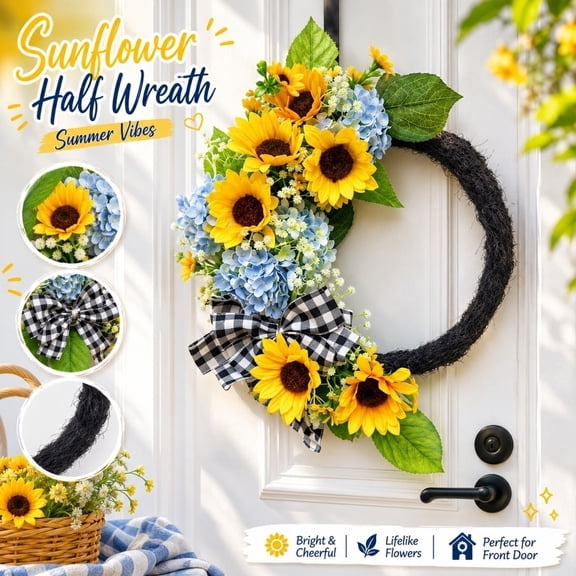 19.6 Inch Artificial Sunflower Wreath, Blue Hydrangea Wreath with Black and White Checkered Bow, Seasonal Home Decor for Spring, Summer (H)
