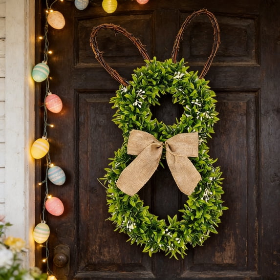 19.6 Inch Easter Bunny Wreath with Green Leaves Bow Rabbit Ears Spring Front Door Decor Window Wall Hanging Ornament for Spring Home Farmhouse Easter Holiday Party Decoration