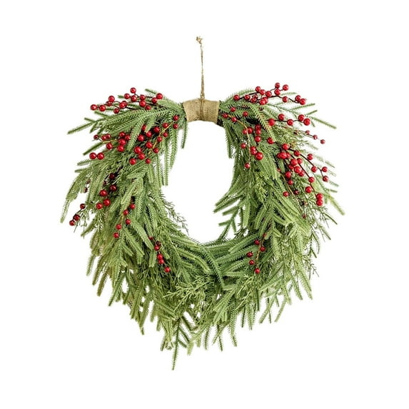 19.6-Inch Real Touch Christmas Wreath, Norfolk Pine Artificial Wreath with Red Berries & Jute Bow for Front Door, Indoor & Outdoor Holiday Decor