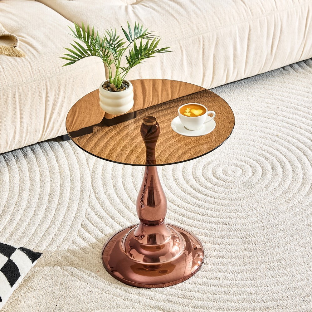 19.6" Round Side Table, Amber Tempered Glass Top with Rose Gold Metal Base, Modern End Table, Nightstand, Sofa Table for Living Room Bedroom
