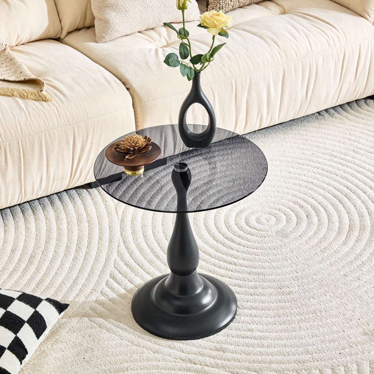 19.6" Round Side Table, Black Tempered Glass Top with Gray Metal Base, Modern End Table, Nightstand, Sofa Table for Living Room Bedroom