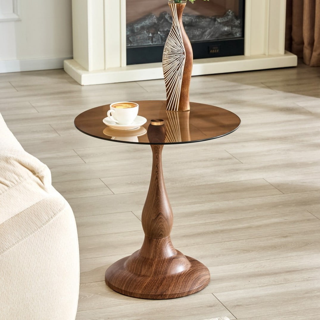 19.6" Round Side Table, Brown Tempered Glass Top with Walnut Metal Base, Modern End Table, Nightstand, Sofa Table for Living Room Bedroom
