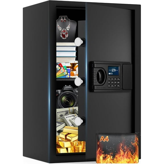 19.6'' Tall Fireproof Safe for Home, 3.5 Cuft Home Safety Box with Fireproof Waterproof Bag,Security Fire Safe Box with Digital Keypad,Smart Aler,Removable Shelf,Document Safes for Valuables