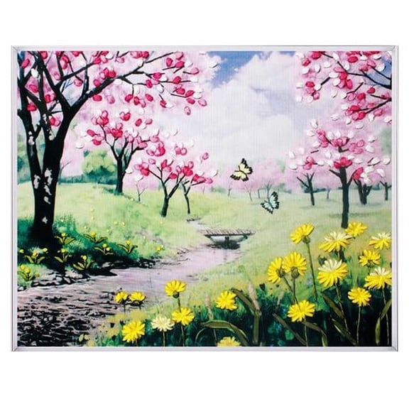 19.6 x 23.6 in. Ribbon Embroidery Butterfly Spring Flower Blooming Kit 3D Painting DIY Wall Decor Stamp Needle Work, Multi Color