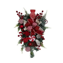 19.68" Christmas Swag Wreath with Red Berry Bow, Artificial Pine Teardrop Wreath with Green Leaves, Large Front Door Wall Hanging Garland for Xmas Holiday Decor Indoor Outdoor