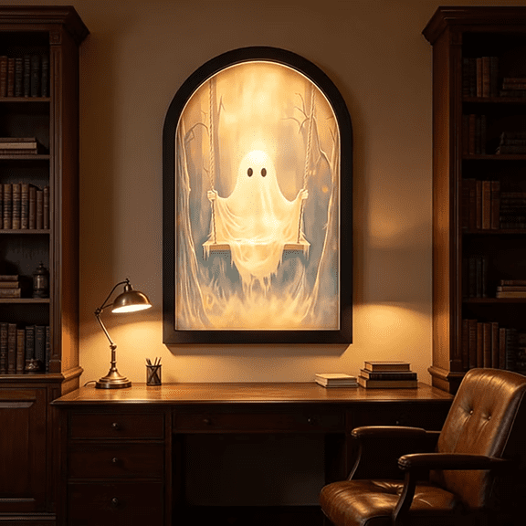 19.68" Halloween Ghost Swing Framed Mirror, Light-Up Arch Wall Decoration with Glowing Ghost, Spooky Holiday Display for Porch & Hallway