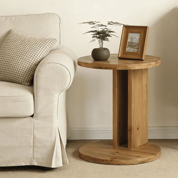 19.68" Solid Wood End Table, Round C-Shaped Table For Living Room