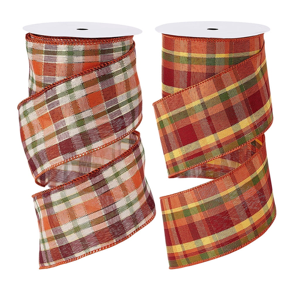 Fall Ribbon Pic 19.68 Yards 2 Rolls Fall Wired Edge Plaids Ribbons Autumn Orange Plaids ...