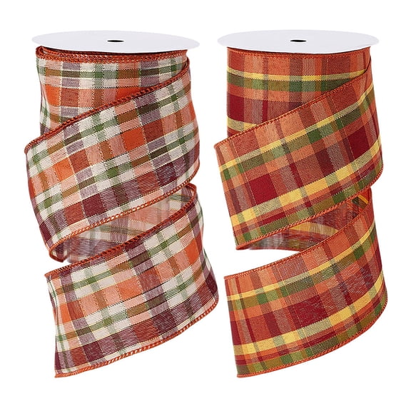19.68 Yards 2 Rolls Fall Wired Edge Plaids Ribbons Autumn Orange Plaids Ribbons Fall Gingham Check Ribbon Decorative Ribbon Trim
