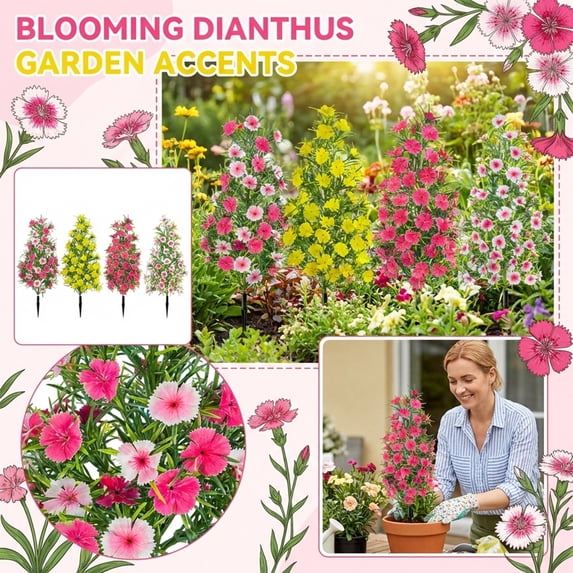 19.68in Artificial Pink Dianthus Chinensis Tree, UV Resistant Fake Carnation Ground Cuttings, Outdoor Garden Decor Stake for Patio Lawn Balcony, Wedding Party Decoration (Pink)