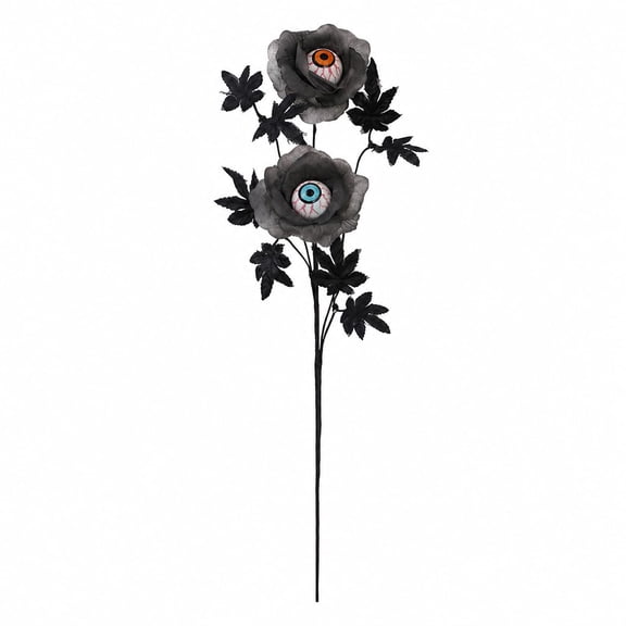 19.69 in Halloween Eyeball Flower Stem, Gothic Faux Floral Pick with Two Gray Black Blooms and Black Leaves, Spooky Vase Filler for Tabletop Home Party Decor