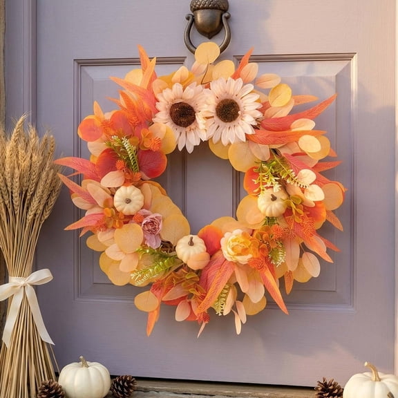 19.69 Inch Fall Wreath For Front Door Artificial Wreath With Sunflowers Pumpkins Maple Leaves yellow Free Size