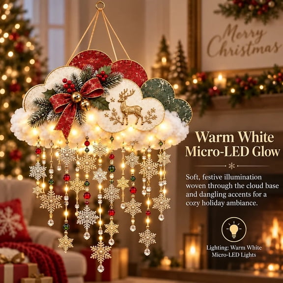 19.69 Inch Snowfall Cloud Wall Light, Lighted Christmas Hanging Decor, Soft Cloud Form with Dangling Snowflakes Reindeer Details and Warm Leds, Cloth Construction for Covered Porches
