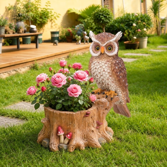 19.69" Large Owl Statue Planter Outdoor-Resin Owl Flower Pot for Yard Garden Décor with Weather-Resistant Tree Log Planter Container for Front Porch,Patio Gift,Yellow-Brown