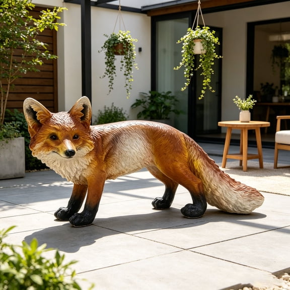 19.69" Long Realistic Red Fox Figurine, 9.25" High Resin Wildlife Statue, Outdoor Garden Sculpture for Nature Decor Themed Displays