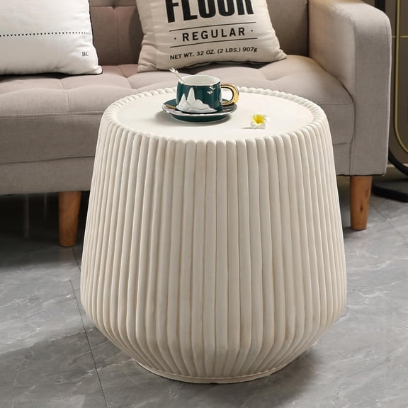19.69" Off-White MGO Round Coffee Table for Indoors and Outdoors, Mid-Century Modern Magnesium Oxide Fluted Drum Coffee Table, Circle Cocktail Tea Table for Living Room, No Assemble