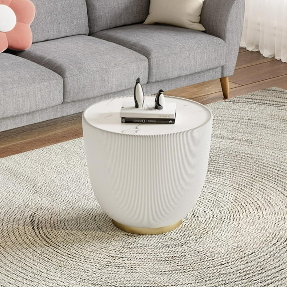 19.69" Round End Table with Marbled Top, Modern Beige Sofa Side Table with PU Leather Metal Base, Bowl-Shape Center Table Cocktail Table, Small Accent Nightstand for Living Room
