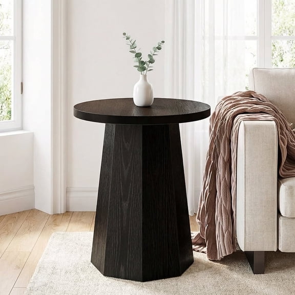 19.69" Round End Table Wooden Couch Side Table Octagonal Base Rustic Farmhouse Style Black For Living Room Bedroom Reading Nook