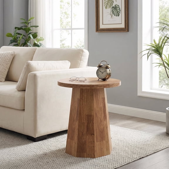 19.69" Round End Table Wooden Couch Side Table Octagonal Base Rustic Farmhouse Style Walnut For Living Room Bedroom Reading Nook