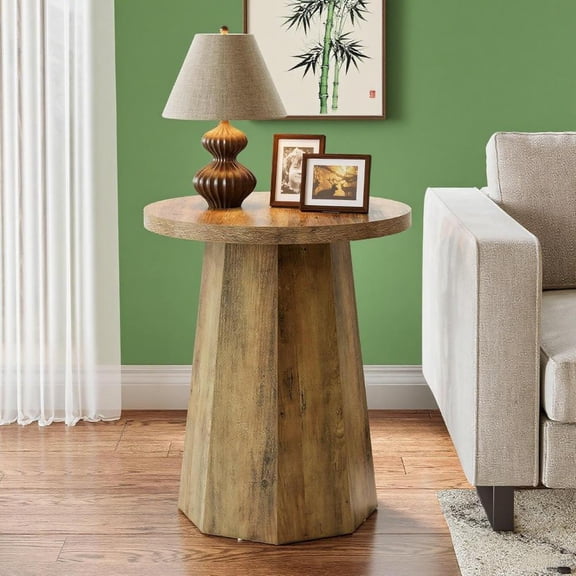 19.69" Round End Table with Octagonal Base, Water & Scratch Resistant Home Side Table, brown