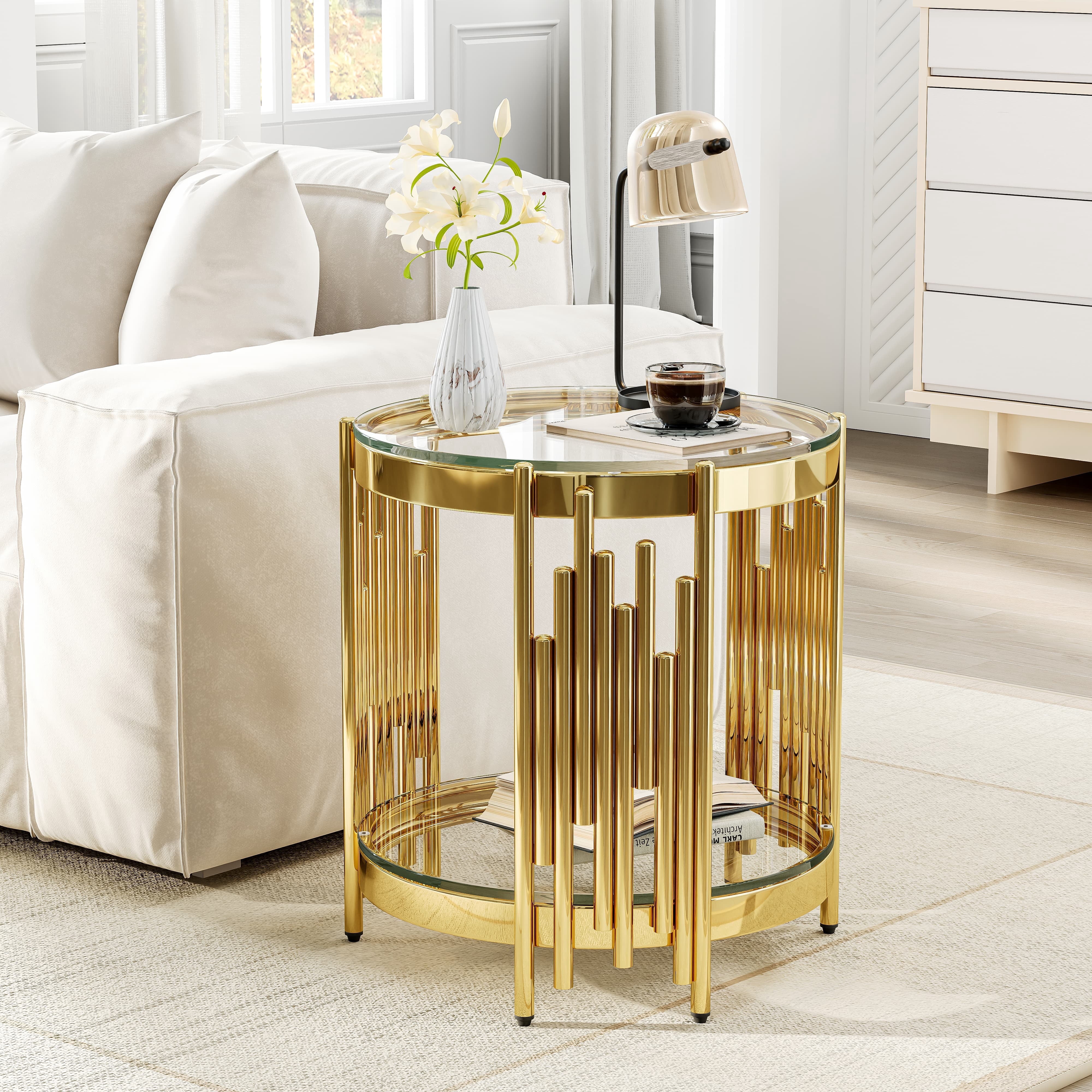 19.69" Round Glass End Table, Modern Living Room Table with Stainless ...
