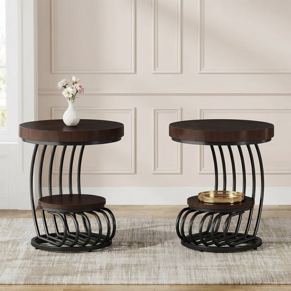 19.69'' X 24.8'' Round End Table 2-Tier Storage Shelf Faux Marble Top Arc-Shaped Frame Accent Table Nightstand Rustic Brown And Black 2-Piece Set For Living Room Bedroom