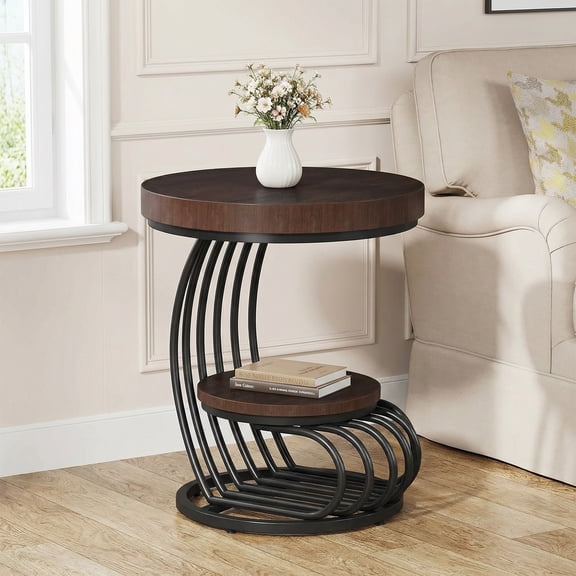 19.69'' X 24.8'' Round End Table 2-Tier Storage Shelf Faux Marble Top Arc-Shaped Frame Accent Table Nightstand Rustic Brown And Black For Living Room Bedroom