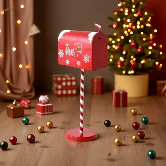 19.69Inch North Pole Metal Mailbox with Candy Cane Stand for Home Room Indoor Outdoor Front Door Xmas Holiday Party