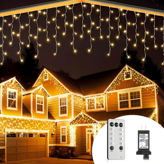 19.69ft 300LED Icicle Christmas Lights with Timer, Remote, Dimmable, 8 Modes, Waterproof String Lights for Indoor and Outdoor Use, Halloween Festival Party, Warm White
