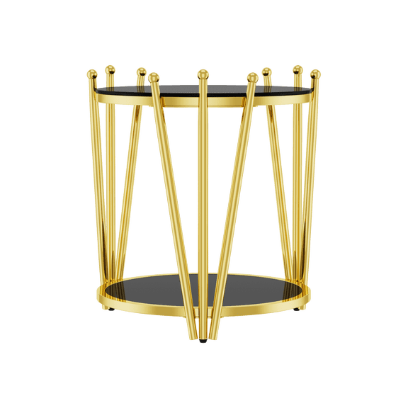 19.69inch Modern Luxury Gold End Table for Living Room, Stainless Steel Leg Crown Design, Round 8mm Black Tempered Glass Sofa Side Table