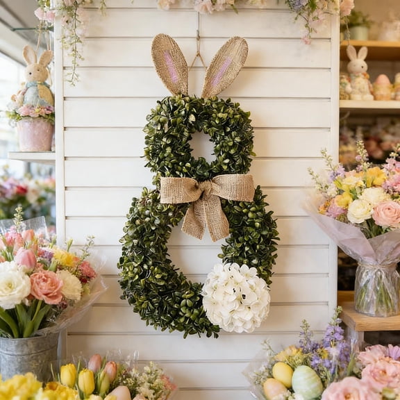 19.6In Easter Bunny Shaped Wreath Front Door Hanging Window Display Spring Decoration Green Leaves Bow Bunny Ear Silhouette Rattan Garland Holiday Accent