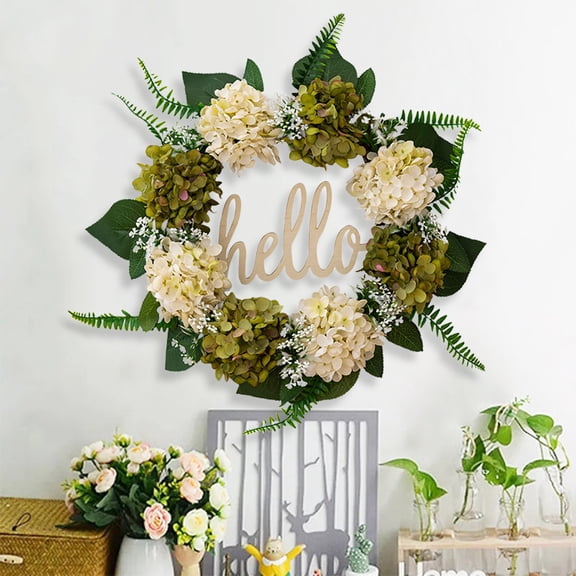 19.6inch Hydrangea Flower Wreath Front Door Wreath with Hello Sign Spring Summer Wreath Artificial Flower Wreath for Wedding Garden Wall Window Home Decor