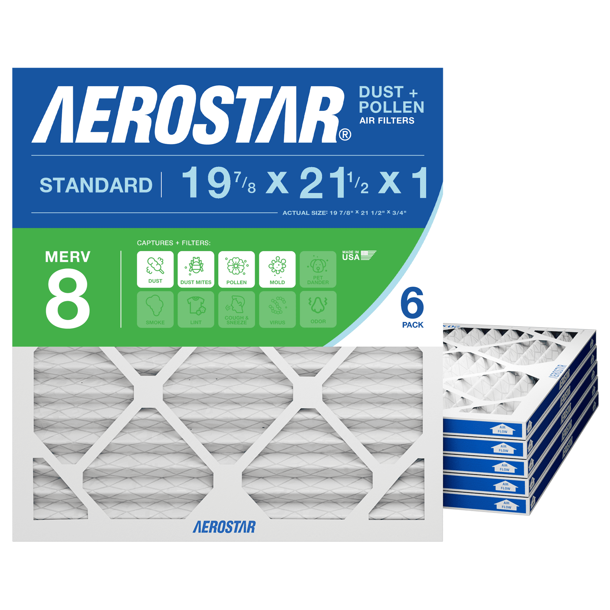 Aerostar 19.875x21.5x1 MERV 8 Air Filter, Pleated AC Furnace HVAC, Dust Pollen Pet Dander, 6 Pack