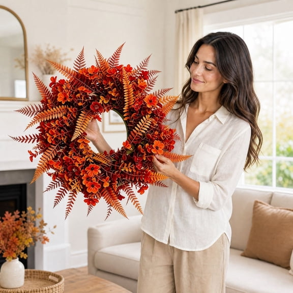 19.7" Artificial Fall Eucalyptus & Fern Wreath for Front Door Decor, Realistic Faux Autumn Plant Outdoor Wreath, for Front Porch Farmhouse Window Fireplace Wall Thanksgiving & Harvest Home Decor