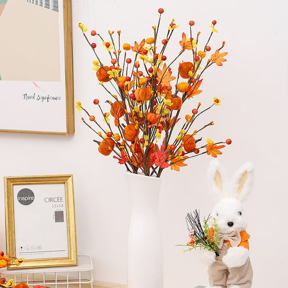 19.7" Artificial Maple Leaves Branches Autumn Pumpkin Berry Twig Stem Orange Fall Stems Fake Artificial Flower Picks for Thanksgiving Christmas Harvest Festival Decoration DIY Floral Arrangements