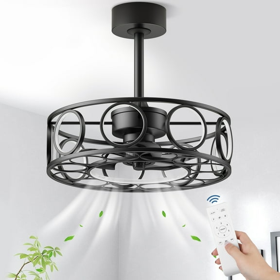 19.7" Caged Ceiling Fan with Light Remote Control, Black Modern 3 Color Temperature Pendant Light for Home & Kitchen