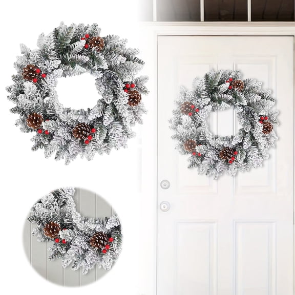 19.7 In Christmas Wreath For Front Door Snowflake Snow Ball Pinecone Ornaments Wreath For Winter Holiday Christmas Party Decorations(Green&White-50Cm)