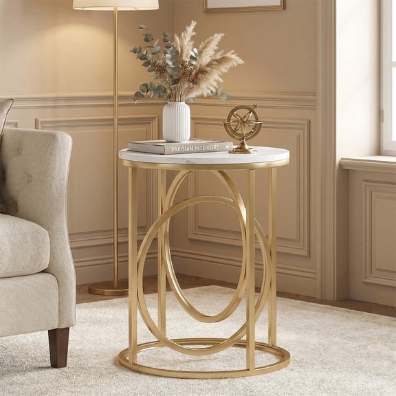 19.7"D X 25.8"H Round End Table Modern Marble Side Table Gold Metal Frame White Accent Table Narrow Nightstand For Bedroom Living Room