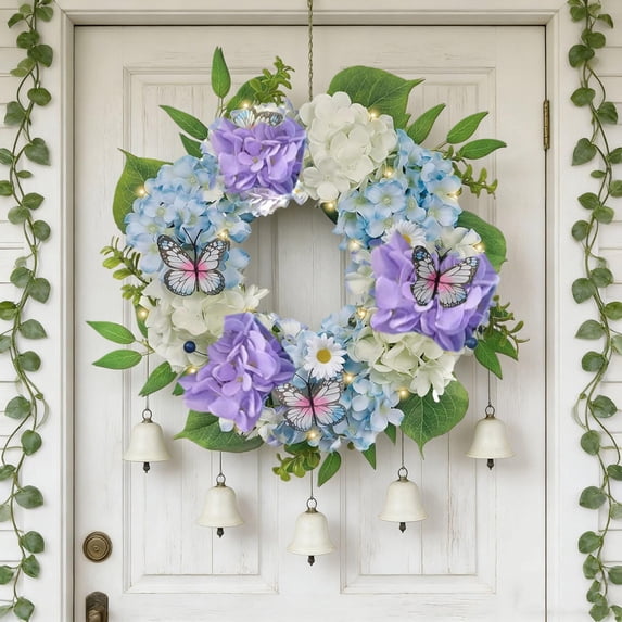 19.7" Easter Hydrangea & Butterfly Decorative Wreath, Artificial Floral Hanging Garland Door Decor for Wall & Front Door Spring & Home Decoration
