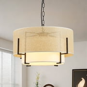 19.7 Farmhouse Boho Chandelier, 4-Light Handwoven Rattan Pendant Light with Fabric Shade for Dining Room Kitchen Island Bedroom Foyer Entryway Living Room Decor