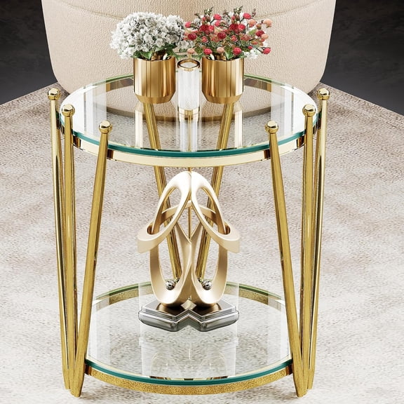 19.7" Gold End Table Round Glass Side Tables for Living Room, Modern Luxury Stainless Steel Crown Design, Clear Tempered Glass Sofa Side Table Small Coffee Table