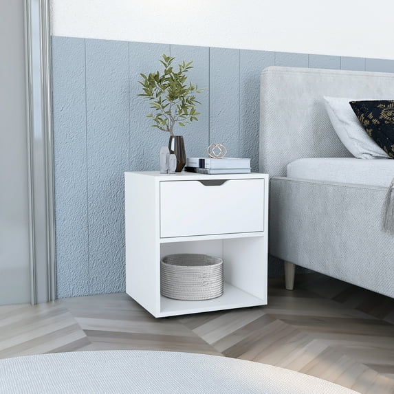 19.7" H Nightstand In White - Open Shelf And 1 Drawer Small Space Suitable 17" W X 14.6" D Laminated Particle Board End Table Solution With 4 Legs Made Of Quality