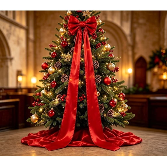 19.7 Inch Christmas Tree Bow Topper, Oversized Bow with Long Streamers for Front Door Wreath Mantel Party Xmas Holiday Decor