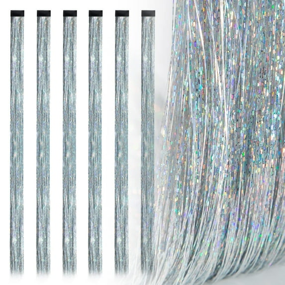 19.7 Inch Clip In Hair Tinsel Fairy Hair Tinsel Kit Clips Clip On Glitter Hair Tinsel Extensions Silver