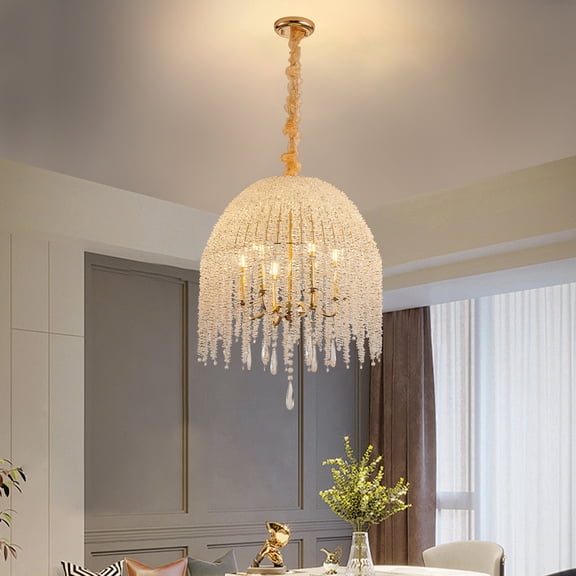 19.7 Inch Crystal Chandelier, Adjustable Height Pendant Light with Grape-Shaped Crystal Bead Strings, Modern Ceiling Hanging Lamp Fixture for Living Room, Bedroom, Dining Room