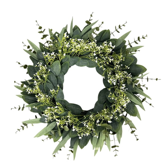 19.7 Inch Eucalyptus Wreath for Front Door - Artificial Spring Greenery Wreath with White Baby's Breath, Farmhouse Rustic Chic Home Decor for All Seasons