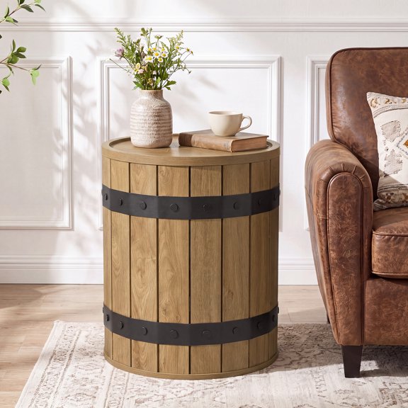 19.7-Inch Farmhouse Barrel Side Table with Hidden Storage, Round Rustic End Table with Removable Lid, Wooden Accent Table for Living Room, Bedroom, and Small Spaces